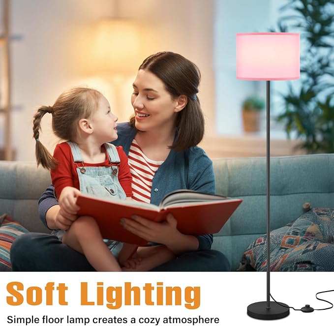 60'' Modern Floor Lamp with Shade, Tall Lamps for Living Room, Bedroom, Office, Dining Room, Pink Shade with Black Pole(Without Bulb)