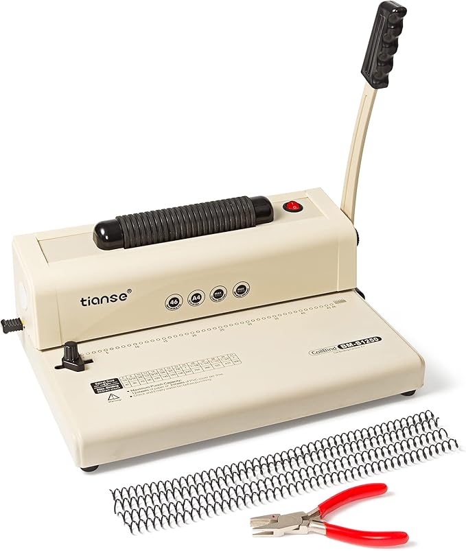 TIANSE Binding Machine - Electric Coil Inserter for Professional Binding, 12-Sheet Punch, for Letter/A4/A5 & Plastic/Metal Coils, with 100 Coil Spines & Pliers for Home, Office, School, DIY