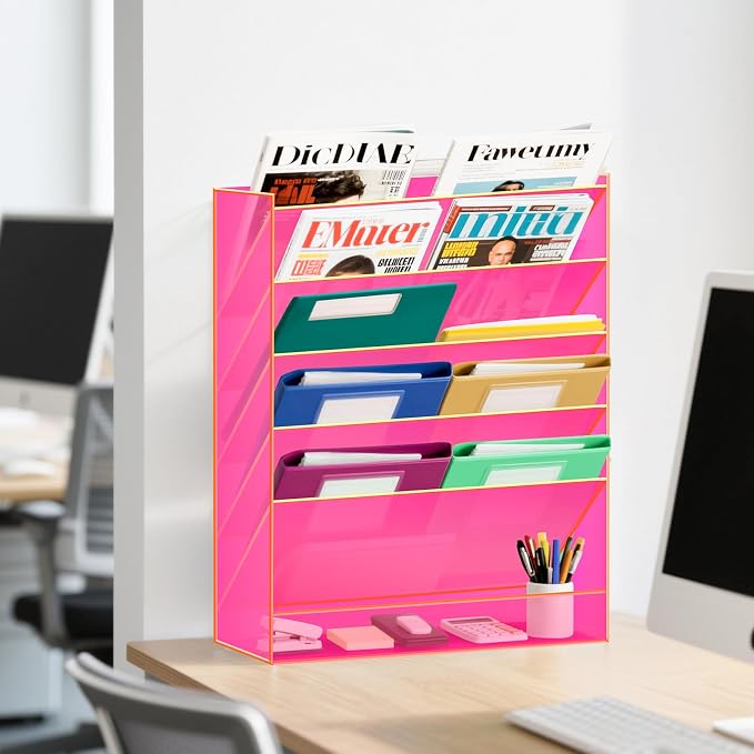 Gelite Hanging File Organizer Acrylic Wall File Holder for Office Vertical Paper Organizer Wall Mounted Magazine Rack, 5 Pockets, Neon Pink
