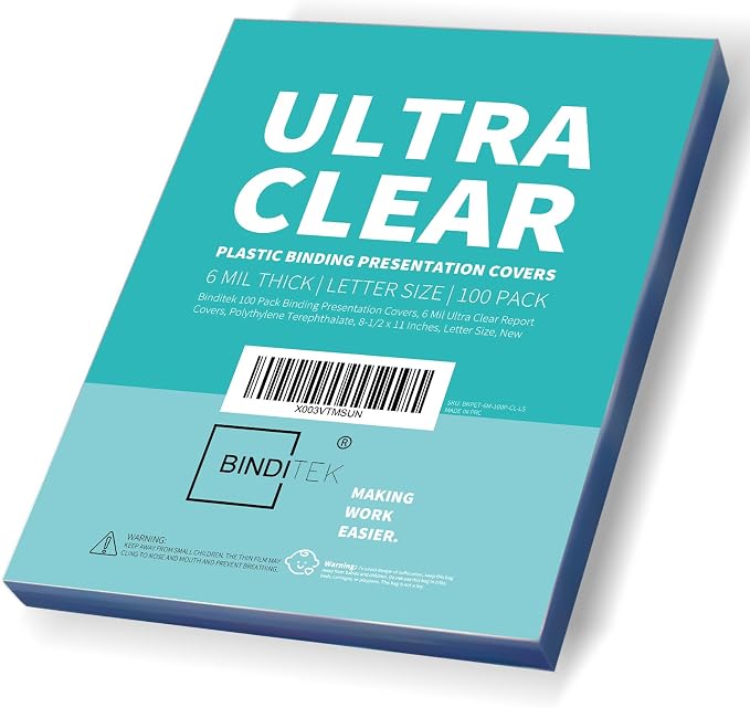 Binditek 6 Mil PET Binding Covers, 8.5 x 11 Inches, Ultra Clear, 100 Pack | Plastic PET Binding Covers, Letter Size, Ultra Clear, Square Corners, Unpunched, Ideal for Business Reports and Proposals