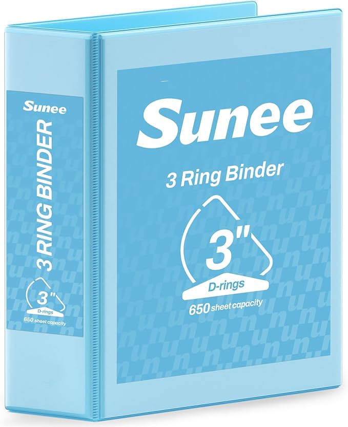 SUNEE 3 Ring Binder 3 Inch D Ring, Clear View Large Binder Three Ring PVC-Free (Fit 8.5x11 Inches) for School or Office Supplies, Sky Blue, 1 Pack