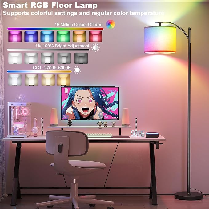 SUNMORY Arc Floor Lamp, Smart APP Remote Control Standing RGB Lamp | Tall Lamp with RGB Bulb & Hanging Lampshade, Dimmable Floor Lamp, Modern Floor Lamps for Living Room, Bedroom, Office