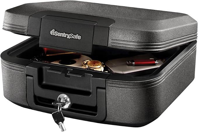 SentrySafe Dark Gray Fireproof and Waterproof Safe with Key Lock, Chest Lock Box with Carrying Handle for Travel, 0.28 Cubic Feet, 6.6 x 15.4 x 14.3 Inches, CFW20201 | Portable Fire Water Resistant Chest Safe With Key Lock Security, Carrying Handle, Id...