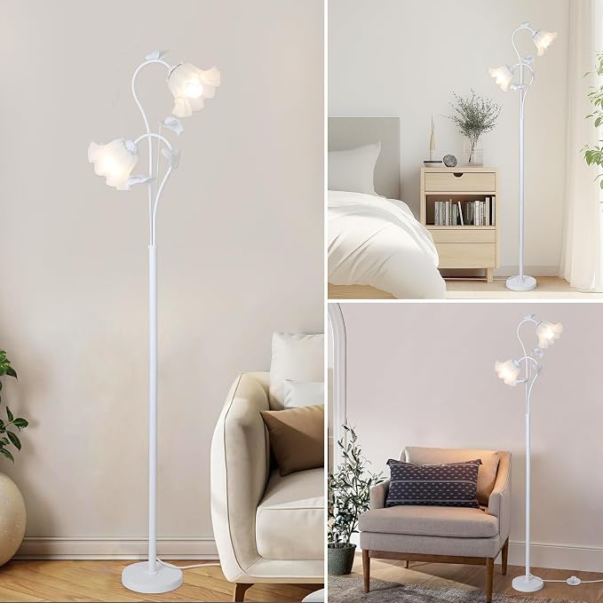 HMVPL White Flower Standing Lamp, Floral Tall Lamp with 2 LED 5W Blubs, Foot Switch, Modern Corner Floor Lamp with Acrylic Shade, Antique Lotus Flower Floor Lamp for Living Room Office Reading