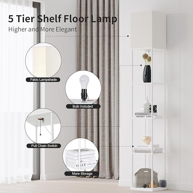 SUNMORY 5 Tier Floor Lamp with Shelves, Standing Lamps for Living Room | 3 CCT LED Bulb Include, 70" Tall Corner Shelf Lamp, Display Bookshelf, Modern Style for Bedroom, Office, Home Decor