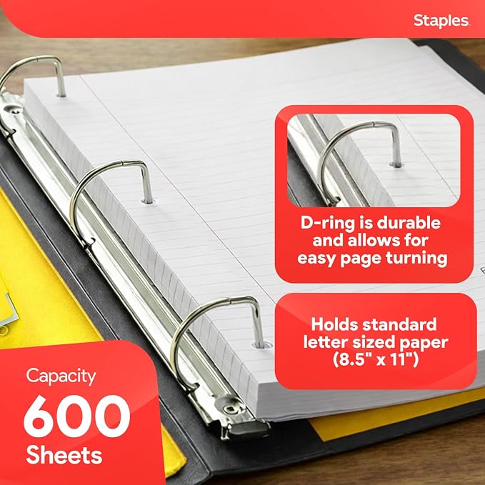 Staples Heavy-Duty 3-Inch D-Ring Binder, Yellow, Holds 600 Sheets | Large-capacity 3-ring binder for school and office document storage.