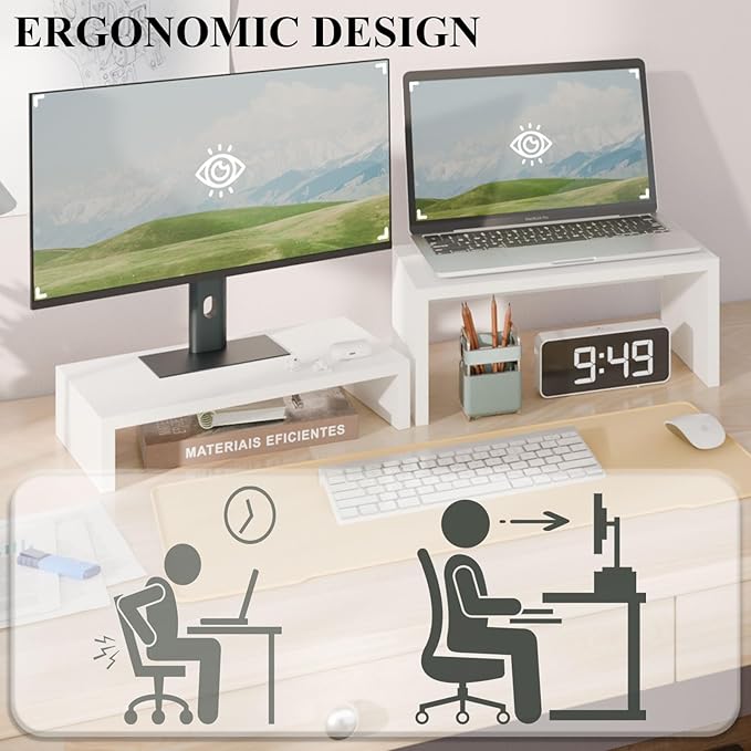 TEAMIX 2-Pack White Monitor & Laptop Stand Riser, High-Low Dual Monitor Set | Stacked/Separate Use, Adjustable Computer Stand for 2 Monitors, Holds 80Lbs, Wood Desk Organizer, for Home Office, Gaming