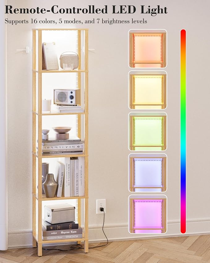 Open Book Shelf with LED Lights, 6 Tier Tall Bookshelf, Freestanding Shelf Narrow Bookcase with Open Shelves, 14.57" x 10.63" x 65.83", Book Shelves for Living Room, Office, Study, Oak