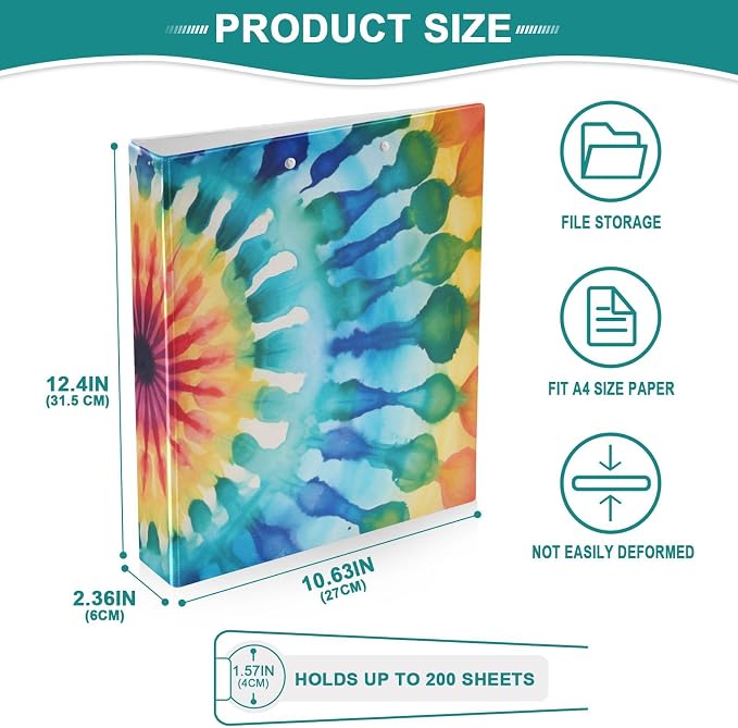 3 Ring Binder Rainbow Tiedye Aa 1.5 inch Binders Three Ring Binders with Clipboard Fit 8.5'' x 11'' Paper 3 Interior PVC Clear Pockets for Office Supplies