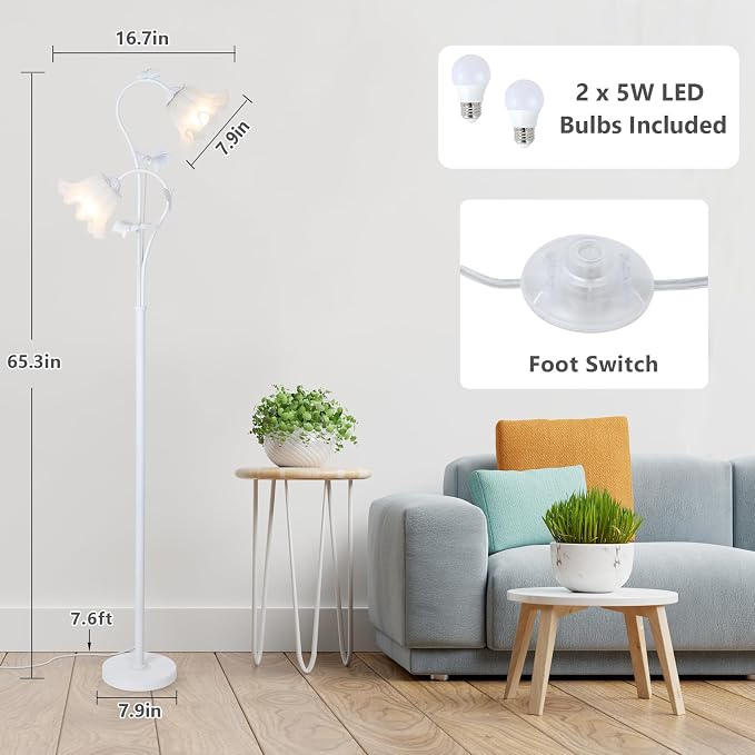 HMVPL White Flower Standing Lamp, Floral Tall Lamp with 2 LED 5W Blubs, Foot Switch, Modern Corner Floor Lamp with Acrylic Shade, Antique Lotus Flower Floor Lamp for Living Room Office Reading