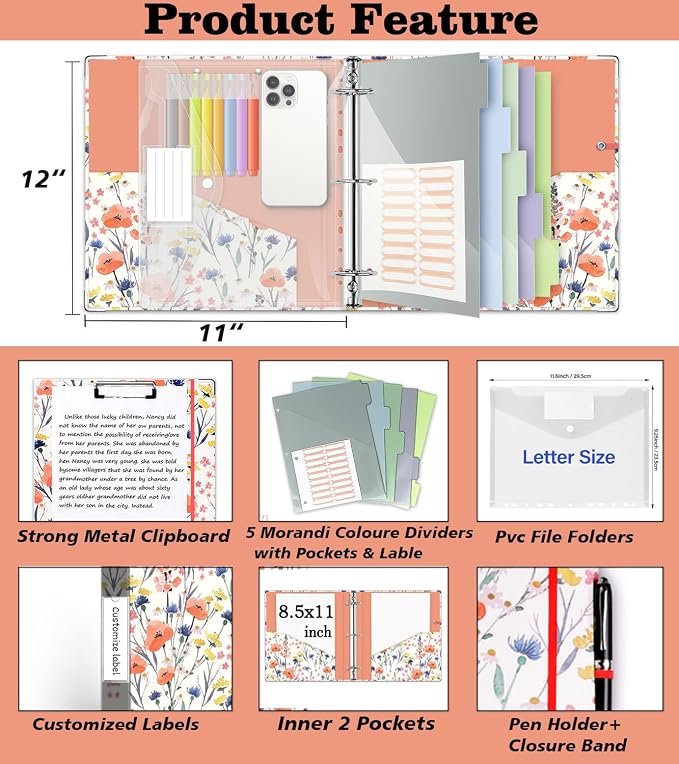 3 Ring Binder 2 Inch, Three Ring Binders Organizer with Clipboard, 5-Tabs Pockets Dividers, Plastic Folder, 18 Divider Stikers, KLLVE Cute Binder with Pen Loop (Flora, Letter Size)