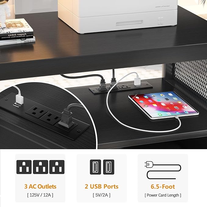 Unikito Lateral File Cabinet, Locking Office Printer Stand with Sockets and USB Charging Ports, Modern Rolling Printer Desk with Storage for A4, Letter Size and File Folders, Black