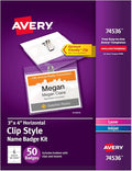 Avery® Customizable Name Badges, Clip Style, 3" x 4", Clear Name Tag Holders, White Laser/Inkjet Printable Inserts, 50 Total (74536)