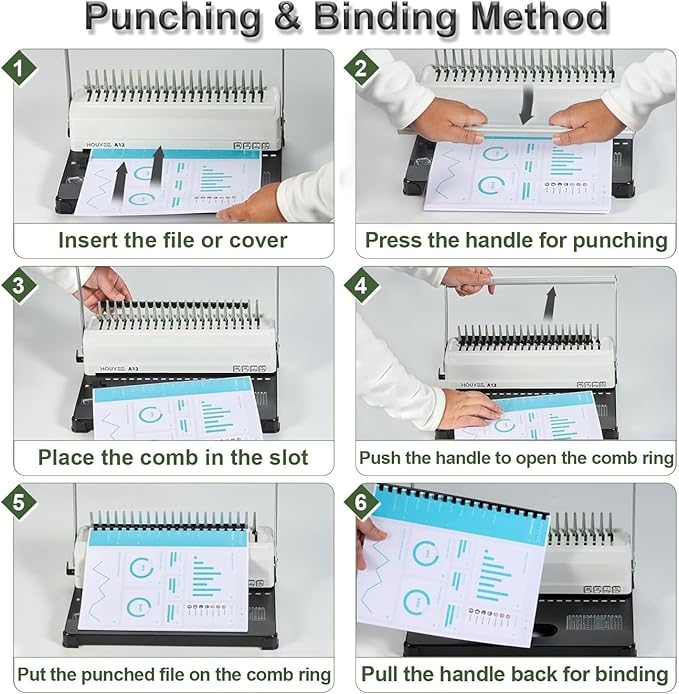 HOUYEE Comb Binding Machine,19 Holes, with 50 PCS 1/2" Binding Combs Spines | Comb Binder Machine for Letter Size/A5, Easy Punch No Jam, Heavy-Duty Metal Build, Adjustable Margin, MAX Binding 450 Sheets