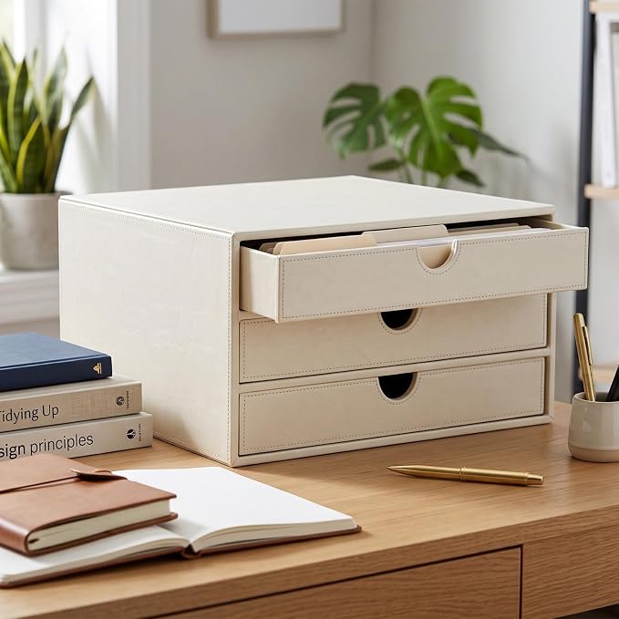 UnionBasic Document Organizer, 3-Drawer File Cabinet Document Storage Box, Office Desktop Filing Organizer, Creamy White | Document Storage Box, Office Desktop Filing Organizer, Printed Oil Faux Leather
