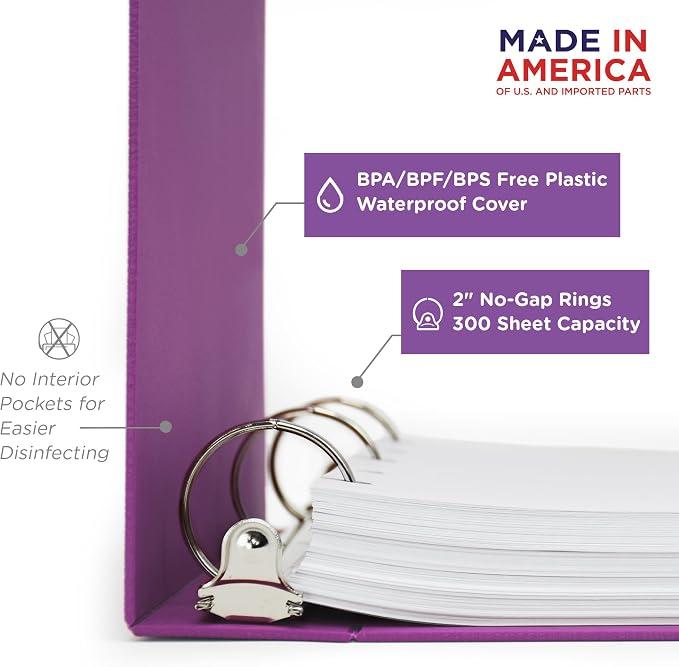 Carstens 2-Inch Heavy Duty 3-Ring Binder - Side Opening, Dewberry Purple, Durable Plastic, No-Gap Rings, Waterproof Cover No Pockets, Holds 300 Letter Sheets, BPA-Free Made in USA (2841-3R) Case of 16