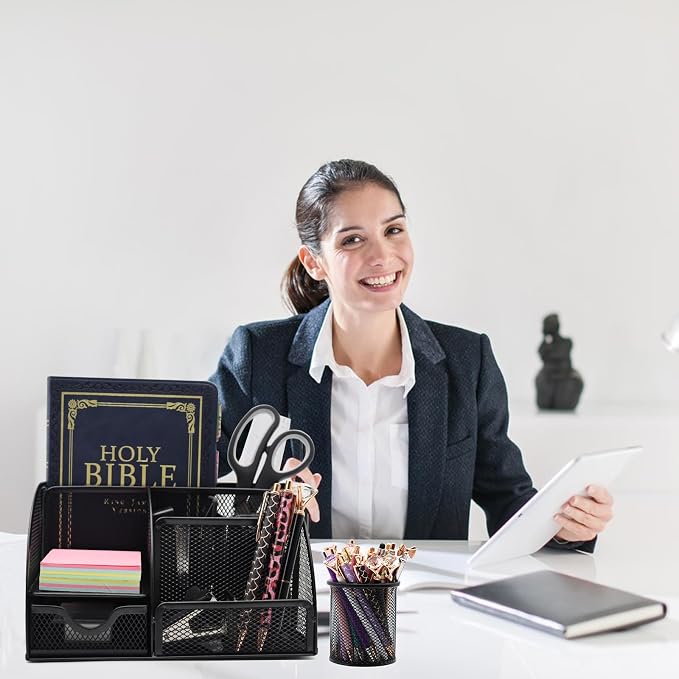 12Pcs Black Desk Organizers and Accessories Set for Office School Home | Black Office Supplies for Coworkers Students, Include Stapler, Pen Holder, Tape Holder, Scissors, Ruler, Staple Remover