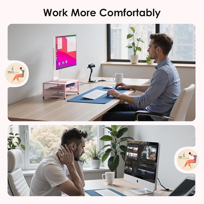 ECOLOVI 2-Tier Computer Monitor Stand Riser, Printer & Laptop Stand, Office Desk Accessories, Workspace Desk Organizer for Home Office Supplies, Pink