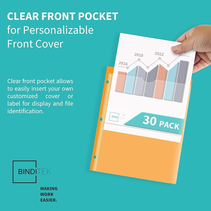 Heavy Duty Plastic Folders with Clear Front Pockets with 3 Holes, 30 Pack | Letter Size, 2 Pocket Folder for 3 Ring Binder, Card Slot, Back to School, Office & Home Organization