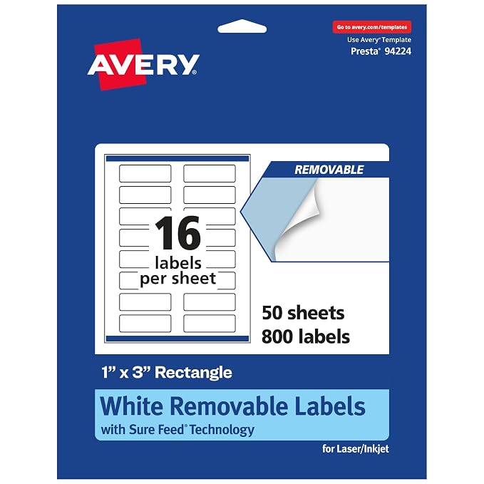 Avery Matte White Removable Rectangle Labels, Sure Feed Technology, Print-to-The-Edge, 1" x 3", 800 Removable Labels, Laser/Inkjet Printable