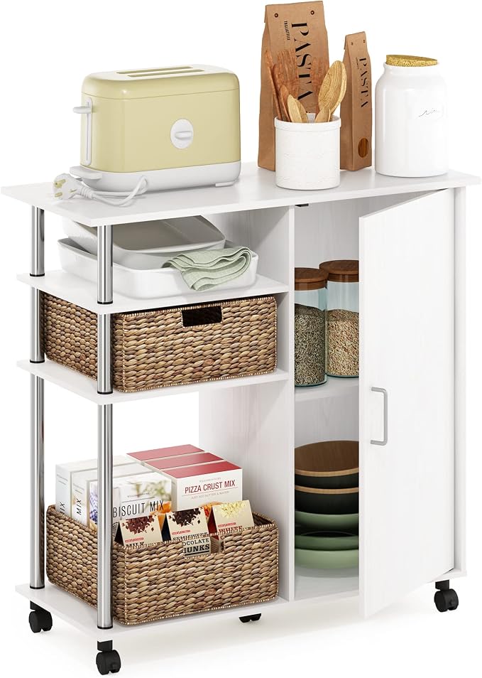 Furinno Helena Rolling Cart, 4-Tier Rolling Utility Cart with Closed Cabinet, Storage Cart, for Office, Living Room, Kitchen, Storage and Organizers, White Wood
