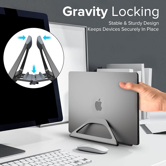 Aluminum Vertical Laptop Stand with Gravity Auto-Lock – Adjustable Laptop Holder Vertical fits MacBook Pro/Air, Chromebook & Gaming Laptops up to 17.3" – Space-Saving Desktop Dock - Grey