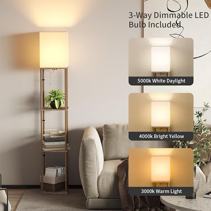 SUNMORY Floor Lamp with Shelves, Modern Square Shelf Lamps, Display Shelf Standing Lamp with 3 Color Temperature Bulb, Corner Bookshelf Lamps for Living Room and Bedroom Office, Home Decor | 3 CCT LED Bulb Include, 4-Tier Display Bookshelf, 63" Tall Co...