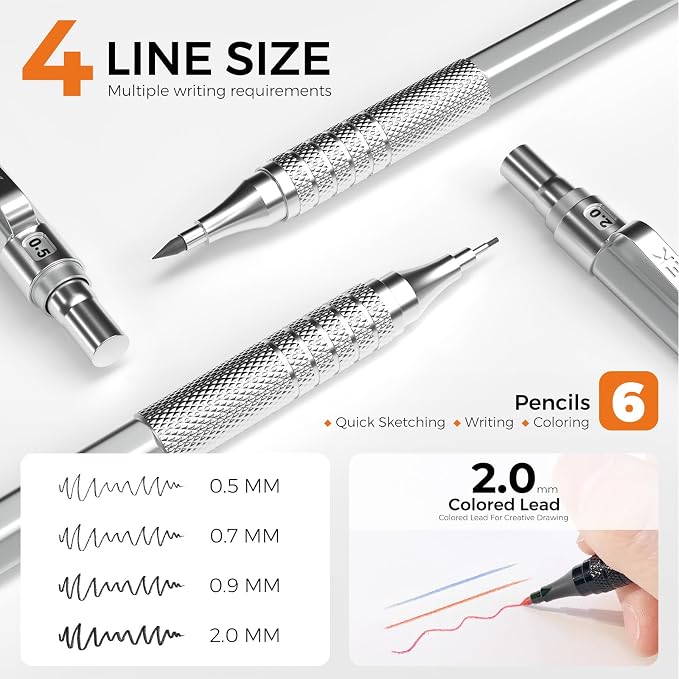 STAGEEK 35PCS Mechanical Pencil Set, 0.5 0.7 0.9 2.0mm Art Pencils, Silver | 384PCS Lead Refills (6B 4B 2B HB 2H 4H Colors),Sharpener, Erasers,Technical Drawing Kit for Writing, Sketching and Drafting