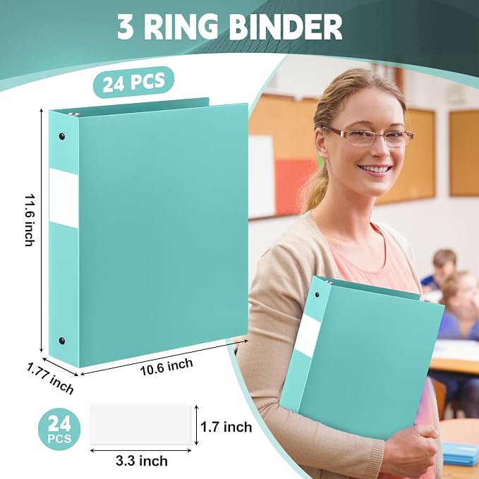 Henoyso 24 Pcs 1.5 Inch 3 Ring Binders, Letter Size,Teal | Binders Bulk, Holds 350 Sheets, Round Rings, Durable Flexible PP Plastic Covers, Pockets Labels, School Office Supplies