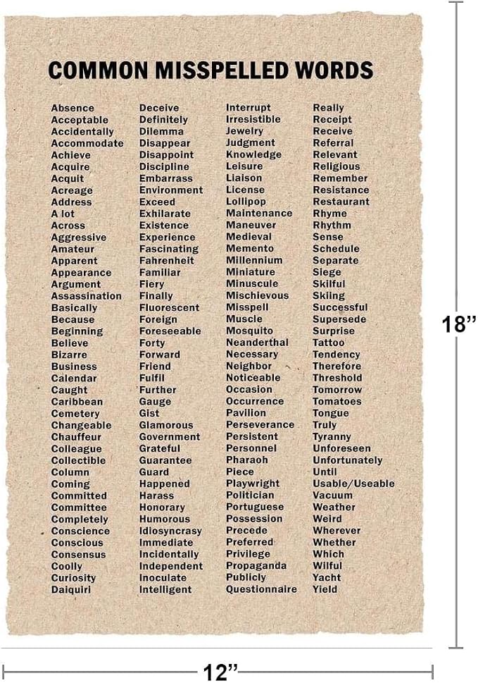Commonly Misspelled Words Poster Writing Spelling For Elementary Middle Or High School Classroom Cool Wall Art Print Poster 12x18