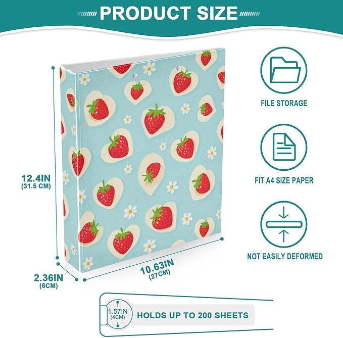 Aslsiy Floral Strawberry 3 Ring Binder 1.5 Inch Blue Dots Round Clipboard Decorative Harcover Binder Organizer for Office Supplies