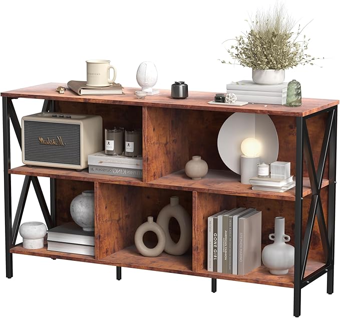 Adompacat 47" 5 Cube Low Bookshelf, Rustic Wood Storage Horizontal Bookcase | 320lbs heavy duty, robot vacuum friendly, 30-min assembly, open cubby storage for home office bedroom living room