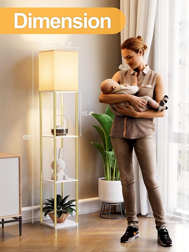 Floor Lamp with Shelves, Modern Corner Display Standing Column Shelf Lamp Etagere Organizer Tower Nightstand with White Linen Shade for Living Room, Bedroom and Office, Marble White and Gold Poles