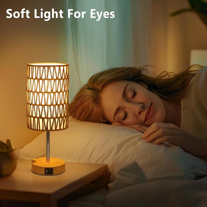 Bedside Lamps Set of 2 with Bulb, Touch Control Nightstand Lamp for Bedroom with Rattan & Linen Shade, 3 Way Dimmable Small Boho Table Lamps with USB Charging Port & Phone Stand