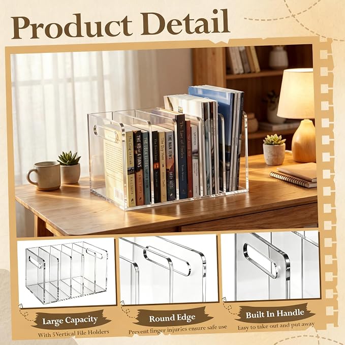 Didaey 2 Pcs Acrylic Magazine File Holder, 5 Vertical Compartments Desk Sorter Organizer Magazines Documents Books Accessories Clear Folder Rack Binder for Office Home (B5,5 Sections,Clear)