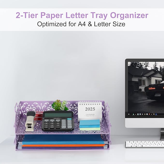 EasyPAG Paper Organizer for Desk 2 Tier Stackable Paper Tray for A4 Legal Size Folders Metal File Storage Desktop Organizer for Home Office School Teacher, Purple