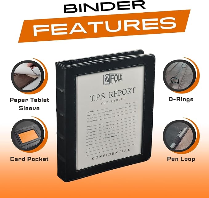 2Fold 3 Ring Binder 1 Inch with Clear Front Pocket - Premium PU Faux Leather Presentation Binder - Extra Storage Pockets for Office Supplies, Business Card Holder, and Pen/Pencil Loop (1 Inch, Red)