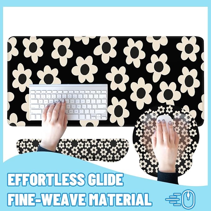 Flowers Mouse Pad Set Minimalist Retro Daisy Gaming Mousepad 4in1 Desk Mat for Desktop Wrist Support Cup Coaster Set Ergonomic Computer Desk Arm Wrist for Decor Home Office