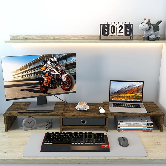 WESTREE Dual Monitor Stand Riser with Drawer, 3 Shelf Computer Monitor Riser with Adjustable Length and Angle, Desktop Monitor Stand Riser Storage Organizer for 2 Monitors