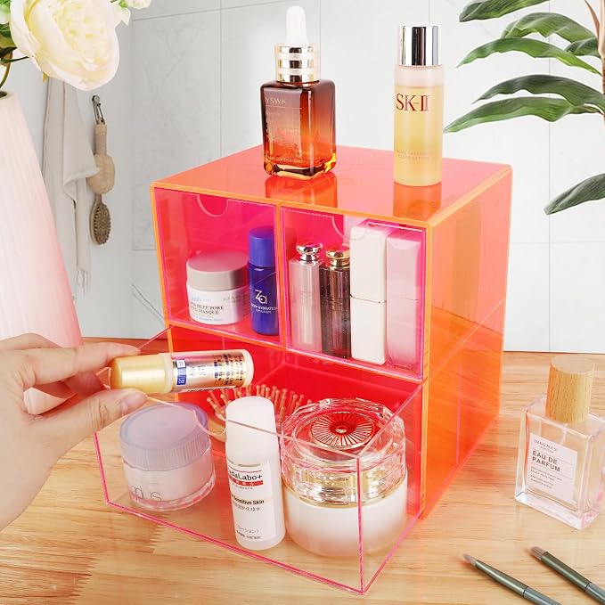 Gelite Desk Organizer with 3 Storage Drawers for Makeup Office Acrylic Desktop Drawer Organizer for Vanity Office Organization and Storage Box, Neon Pink