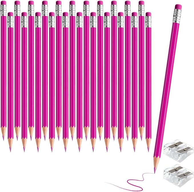 24PCS Erasable Colored Pencils with Eraser Pre Sharpened Pencil 2 HB - Ideal for Checking, Grading, Tests & Office/School Supplies (Pink)