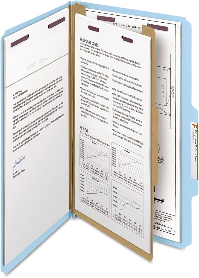 Smead Pressboard Classification File Folder with SafeSHIELD Fasteners, 1 Divider, 2" Expansion, Legal Size, Blue, 10 per Box (18730)