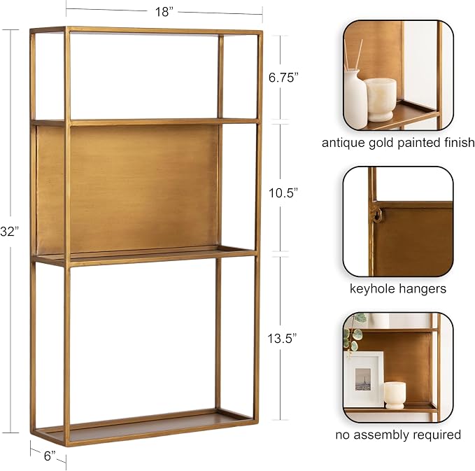 Kate and Laurel Nomi Modern Metal Bathroom Wall Shelf; 18 x 6 x 32; Gold; Contemporary Sleek Tiered Metal Shelves for Wall Decor; Display; and Over-the-Toilet Storage