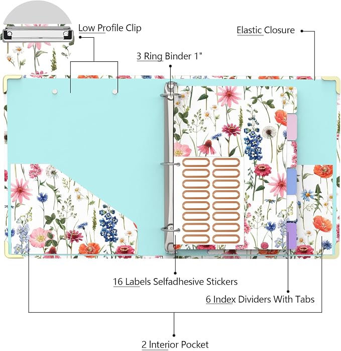 3 Ring Binder 1 Inch Round Ring Binder with 6 Tab Dividers，2 Interior Pockets，Cute Binder Clipboard with Storage, for School Office, Portfolio(Wild Flowers)