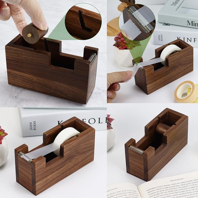 Buqoo Walnut Wood Sticky Note Holder Tape Dispenser Rhombic Pen Holder Set | 3pcs walnut wood desk accessories set with sticky note holder, tape dispenser and pen holder for an organized workspace
