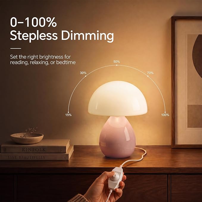 Mushroom Lamp Table Lamp for Bedroom-Small Desk Table Lamps,Pink | Ice Crackle 8.7" Mid Century Modern Table Lamps for Living Room Bedroom Decor,Ceramic Lamps for Home Room Decor,Glass Shade