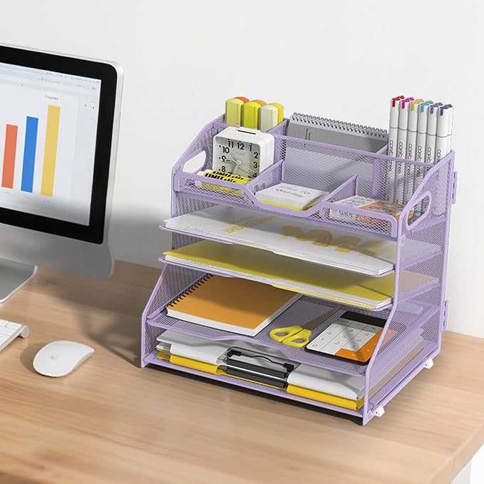 YINGHUA 5-Tier Mesh Desk Organizer, Letter Tray - Purple | Sturdy steel mesh with 3 sliding trays, 2 handles, 6 adjustable top sections. U-shaped design for easy access to office files