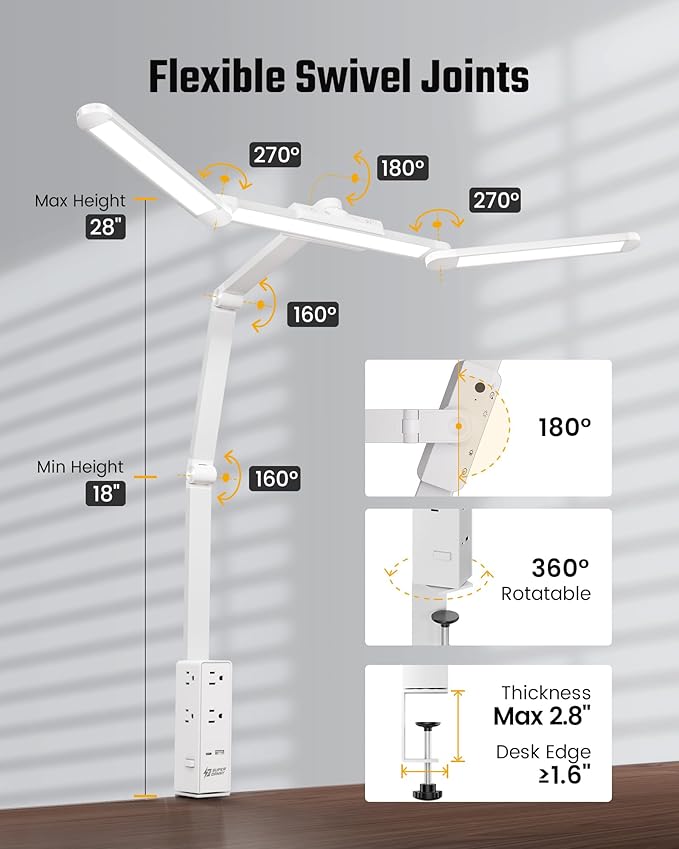SUPERDANNY LED Desk Lamp Computer Light with Power Strip with Clamp White | 6 Outlets & 1 USB-A, 1 PD 20W Type-C, 13A/1625W, 5 Modes Smooth Dimming, Memory Function, Architect Lampfor Home Office Dorm