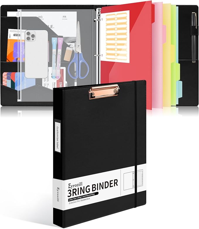 Eyrozill Professional Leather Binder Portfolio with Clipboard, Zipper Pouch, 5 Sheets Plastic Dividers，Leather 3 Ring Binder 8.5 x 11, 1-inch Round Rings, Professional Binder Organizer, Black