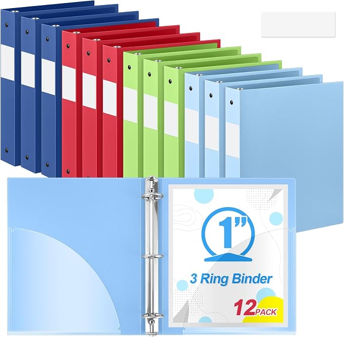 Henoyso 1 Inch 3 Ring Colored Binders Soft Flexible, 8.5'' x 11'' Plastic Floppy Binders Bendable with 2 Pockets, Colorful Binder Bulk for School Office Business ，12 Pack (Assorted Fresh Color)